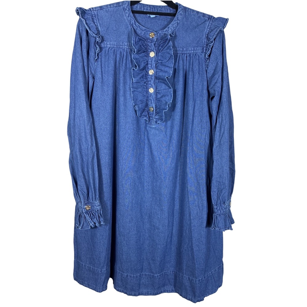 Draper James RSVP Blue Denim Shift Dress Ruffle Trim Long Sleeve Chambray Size M